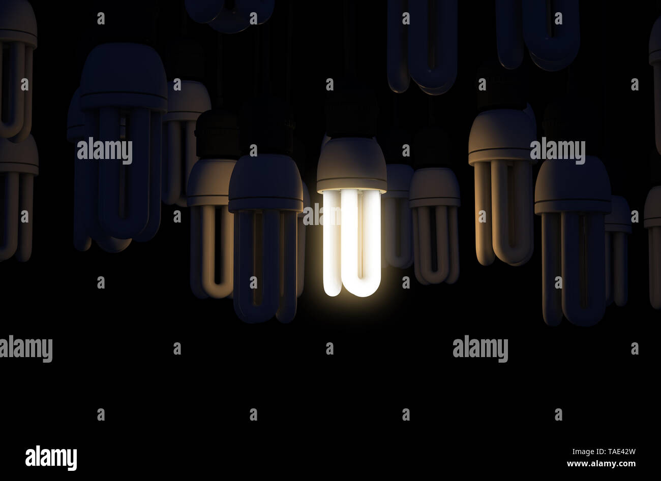 Eine Sammlung von hängenden Leuchtstoff Glühlampen mit einem einzelnen beleuchtet - 3D-Rendering Stockfoto
