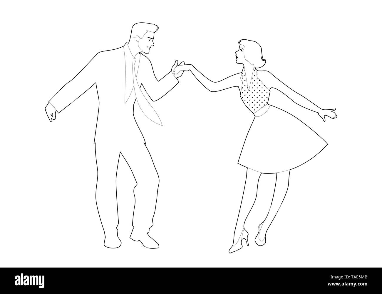 Schöne Mädchen und schöner Mann tanzen Rock, Rockabilly, Swing oder Lindy Hop. Umrisse Vector Illustration. Stock Vektor