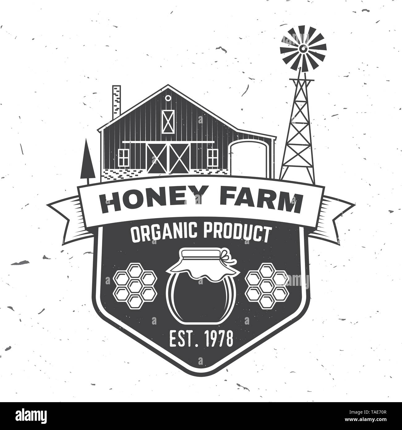 Honey Farm Abzeichen. Vector Illustration. Konzept für T-Shirt, Druck, Stempel oder T-Stück. Vintage Typografie Design mit Honig Silhouette. Retro Design für Honey Bee Farm Business Stock Vektor