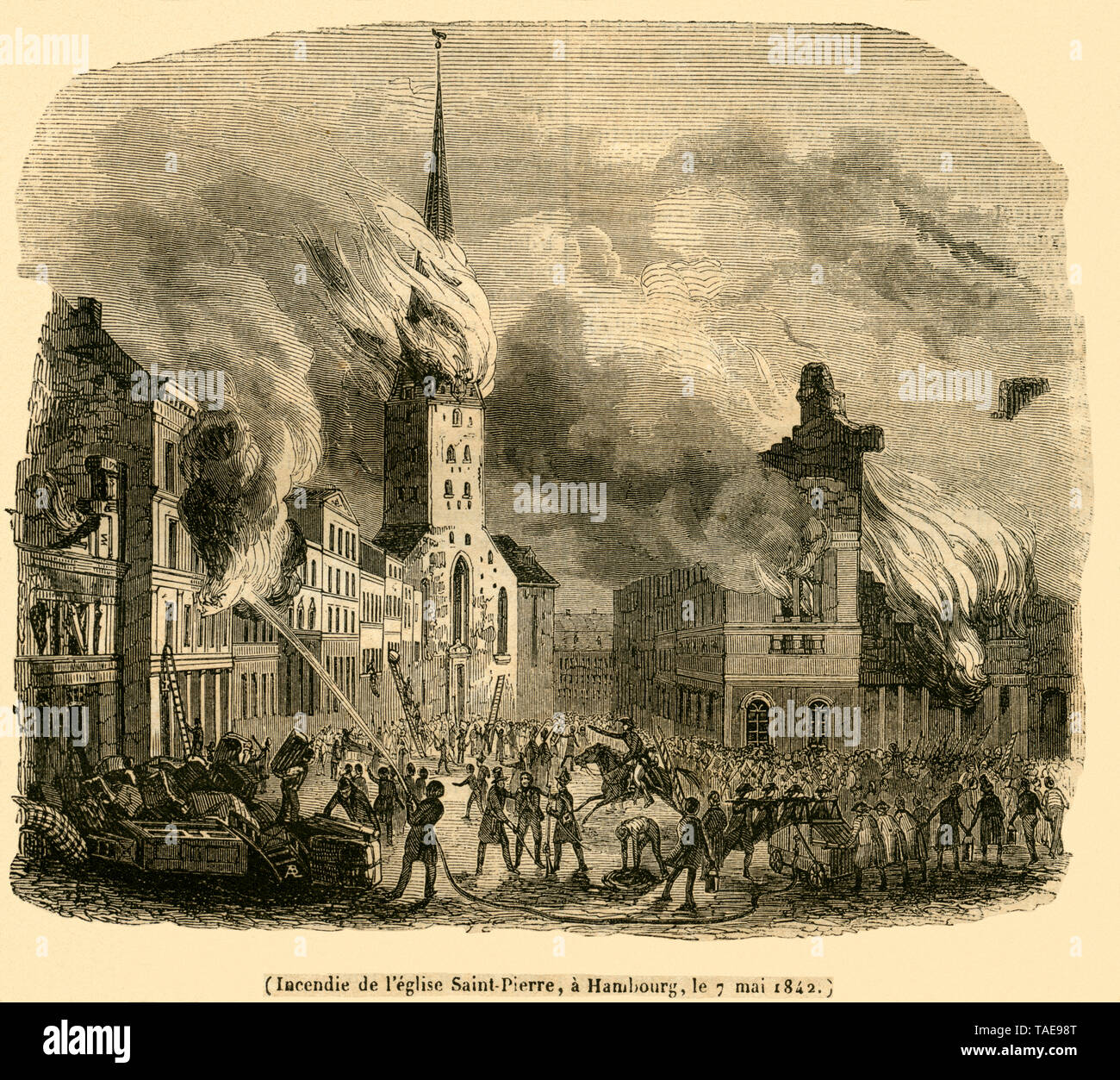 Europa, Deutschland, Hamburg, Hamburger Marke am 07. Mai 1842, Zerstörung der Petrikirche, Illustration aus: "Le Magasin Pittoresque", veröffent Stockfoto
