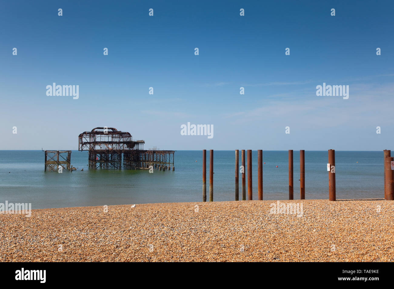England, East Sussex, Brighton, Stahl Ruinen der ehemaligen West Pier an der Küste. Stockfoto