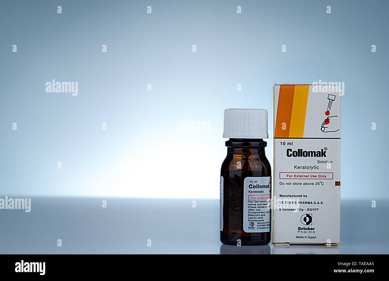 CHONBURI, Thailand - 27. OKTOBER 2018: Collomak Lösung. Salicylsäure, Milchsäure, und polidocanol. Keratolytisch nur für externe verwenden. Medizin für Stockfoto