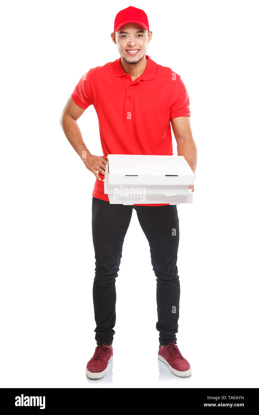Pizza Delivery latin Mann Junge um die Bereitstellung von Job full body Portrait liefern, Junge auf weißem Hintergrund Stockfoto