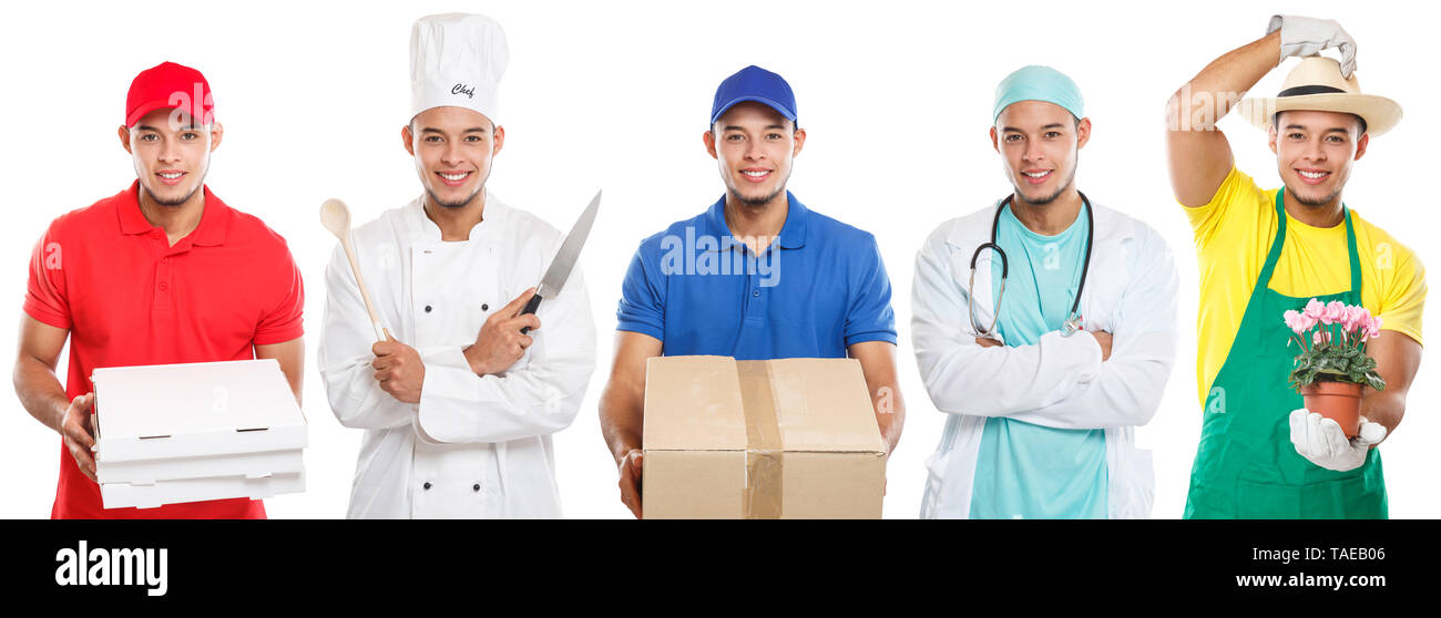 Berufe Beruf Ausbildung Ausbildung Beruf Arzt kochen Junge latin Mann job auf einem weissem Hintergrund Stockfoto