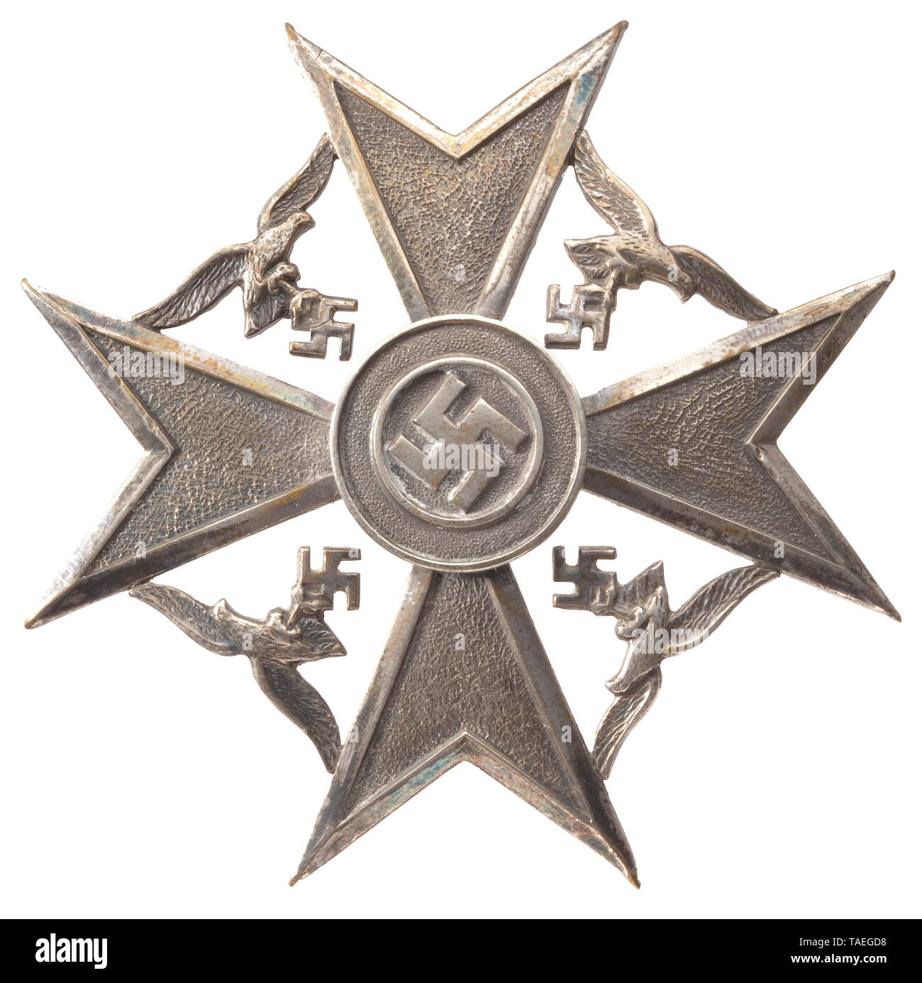 Eine spanische Kreuz in Silber ohne Schwerter unmarkierte Beispiel durch Otto Schickle, Pforzheim versilbert Buntmetall, separat angebrachte Adler, angewandte Medaillon, intakten Anlage pin System. Eine extrem seltene, werkseitig Beispiel ohne Schwerter produziert. 60 mm Höhe. Gewicht 23,1 g. historischen, historische, 20. Jahrhundert, Additional-Rights - Clearance-Info - Not-Available Stockfoto