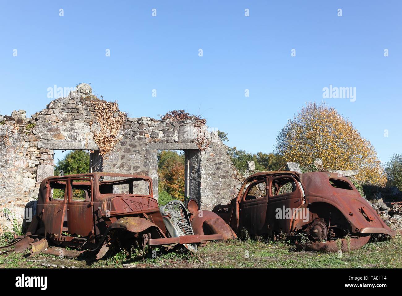 Zerstörte Dorf von Oradour Sur Glane im Juni 1944, Frankreich Stockfoto