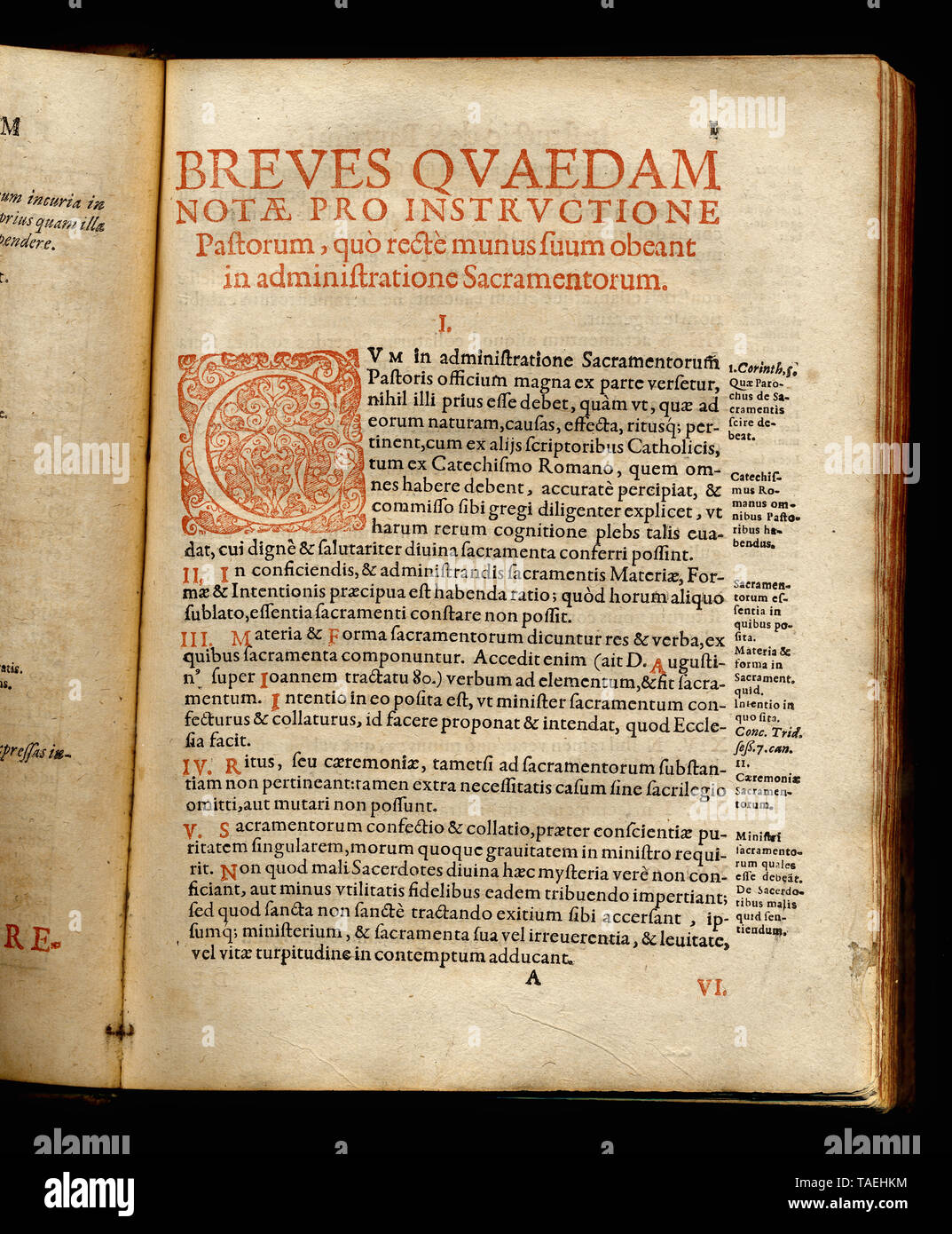 Historisches Kirchenbuch in lateinischer Sprache aus Köln, 1637, Kurzanleitung für die Anwendung der Sakramente Stockfoto
