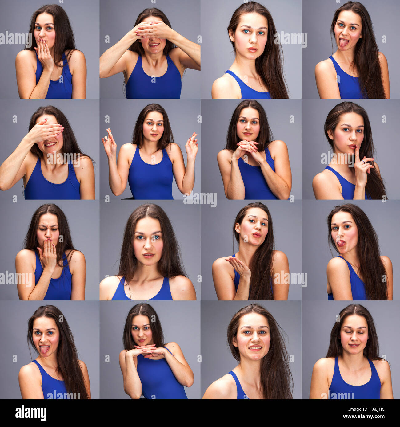 Modell Tests - eine Collage von Emotionen - Portrait einer jungen schöne Brünette Frau auf einem grauen Hintergrund Stockfoto