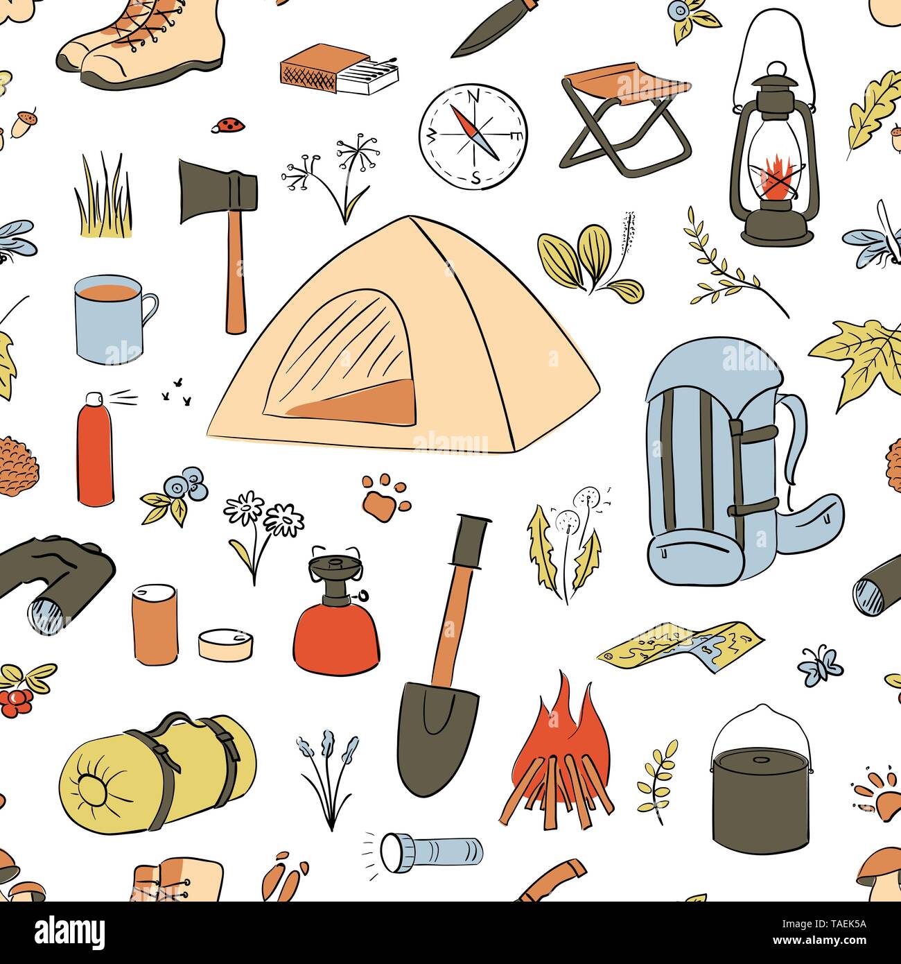 Camping Wandern Symbole farbige Skizze Stil. Camping Ausrüstung vektor Sammlung. Ferngläser, Schüssel, Grill, Laternen, bbq, Rucksack, Zelt, Lagerfeuer Stock Vektor
