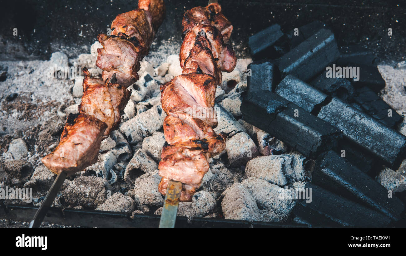 Das Fleisch wird auf Holzkohle close-up im Freien. Street Food. Die Grillsaison Stockfoto