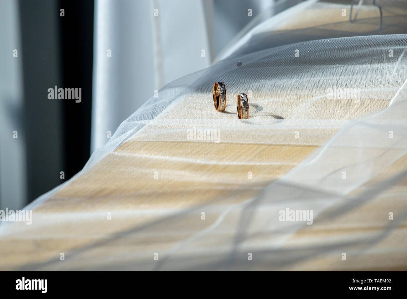 Zwei Trauringe auf Hochzeit Schleier. Gold Trauringe auf dem Hintergrund der White Bridal Veil. Ringe auf bridal Wedding Dress. Stockfoto
