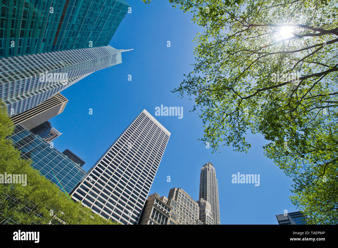Moderne Wolkenkratzer rund um Bryant Park in New York Stockfoto