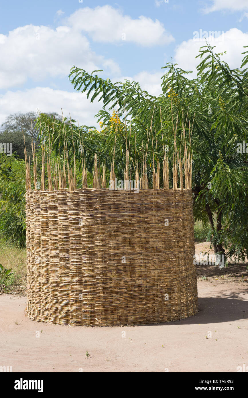 Ein hausgemachtes speichern zum Speichern von Mais aus Schilf Gewebe zusammen stehen neben einer Lehmhütte in einem Dorf in Malawi Stockfoto