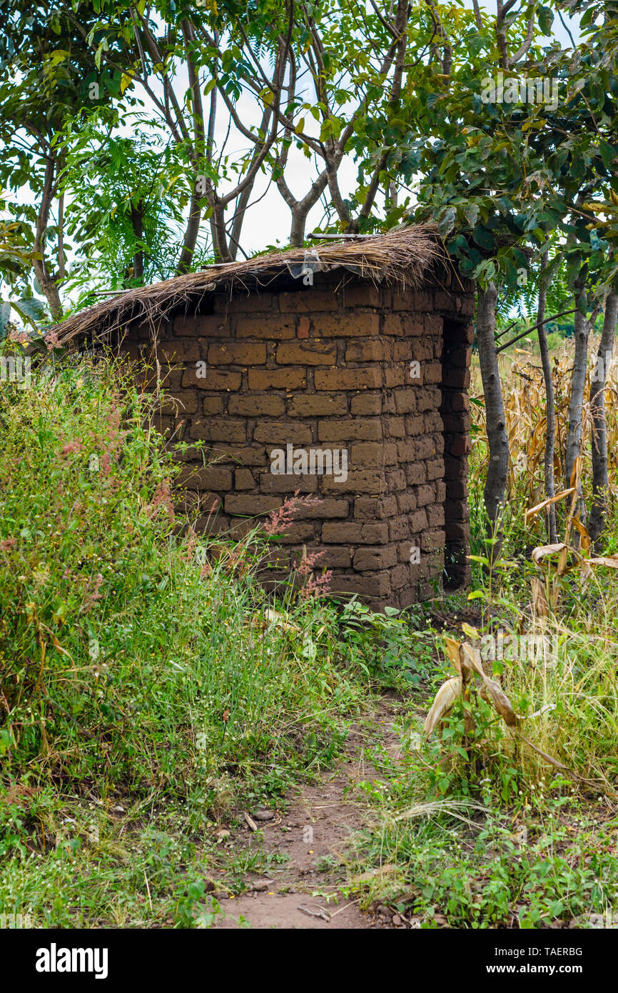 Ein traditionell konstruierten Latrine aus Lehm Ziegeln und Mörtel unter einem Grasdach in einem Dorf in Malawi Stockfoto
