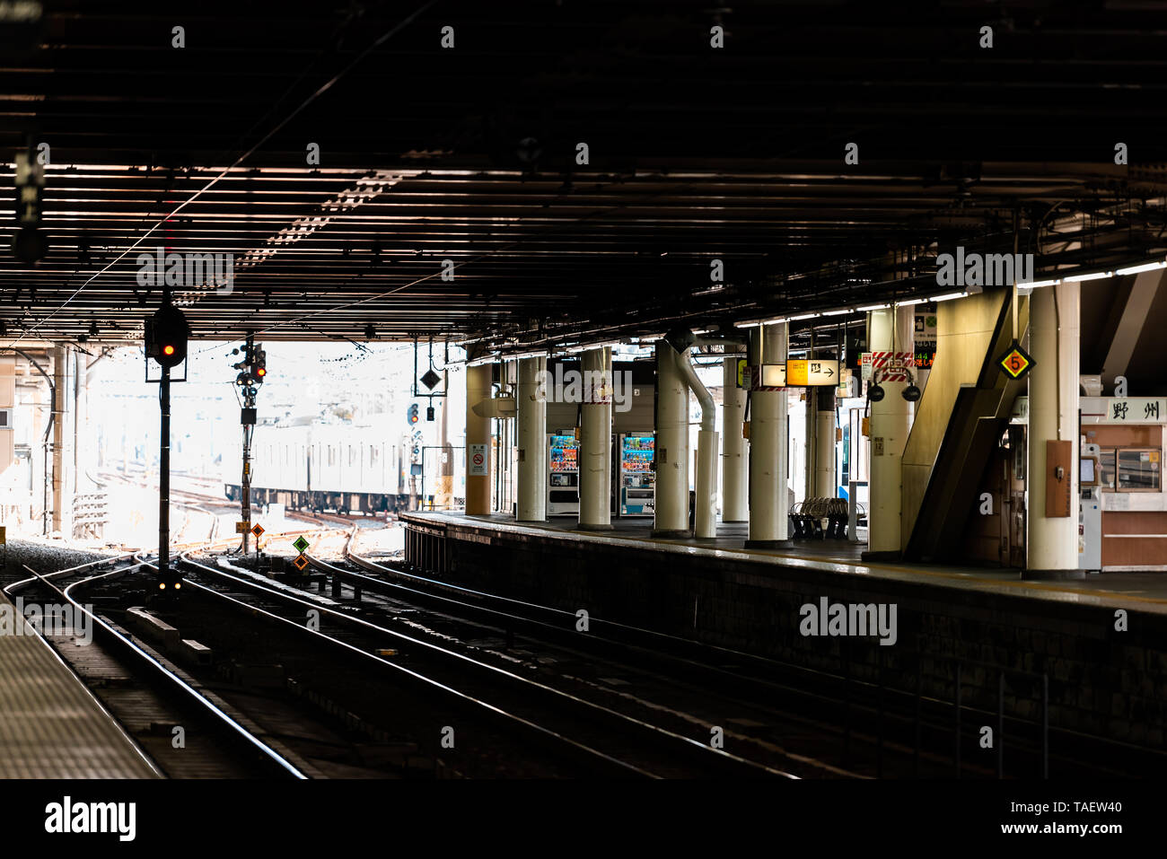 Tokio, Japan - April 4, 2019: Bahnhof Plattform für shinkansen oder lokale Linie und dunklen überdachten Architektur mit Licht und Titel Stockfoto