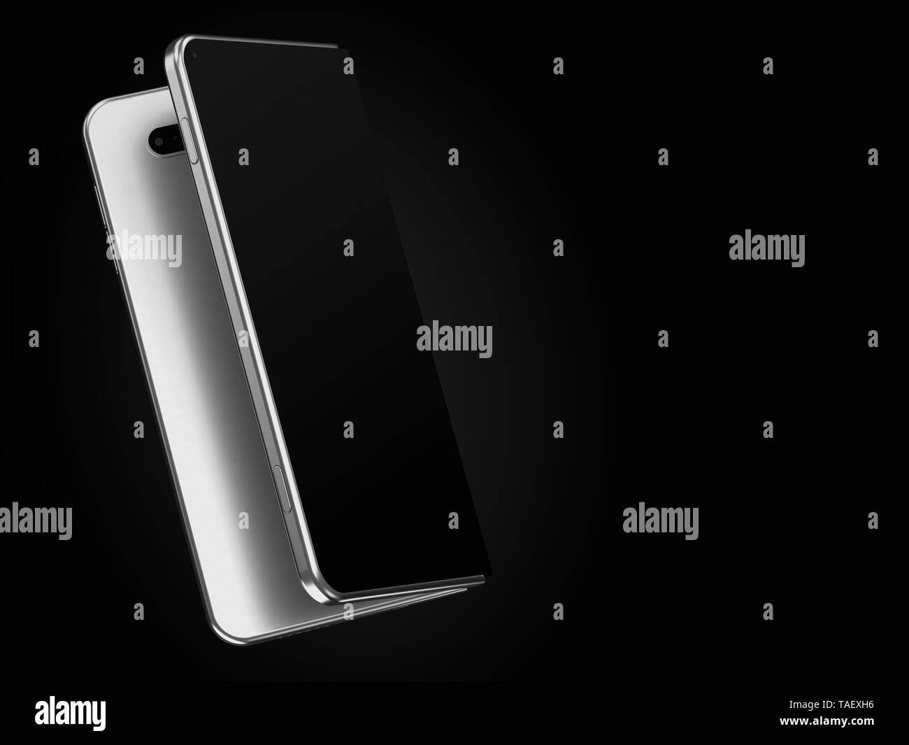 Konzept der faltbare smartphone Falten auf der längeren Seite. Flexible Smartphone auf schwarzem Hintergrund isoliert. 3D-Rendering Stockfoto