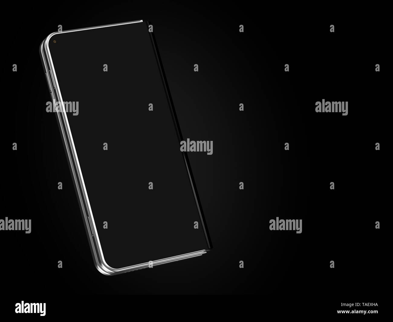 Konzept der faltbare smartphone Falten auf der längeren Seite. Flexible Smartphone auf schwarzem Hintergrund isoliert. 3D-Rendering Stockfoto