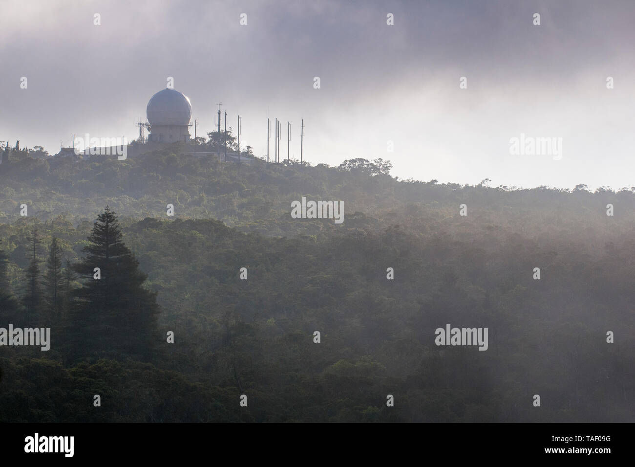 USA, Hawaii, Kauai, Radar Station im Nebel bei Kokee State Park Stockfoto