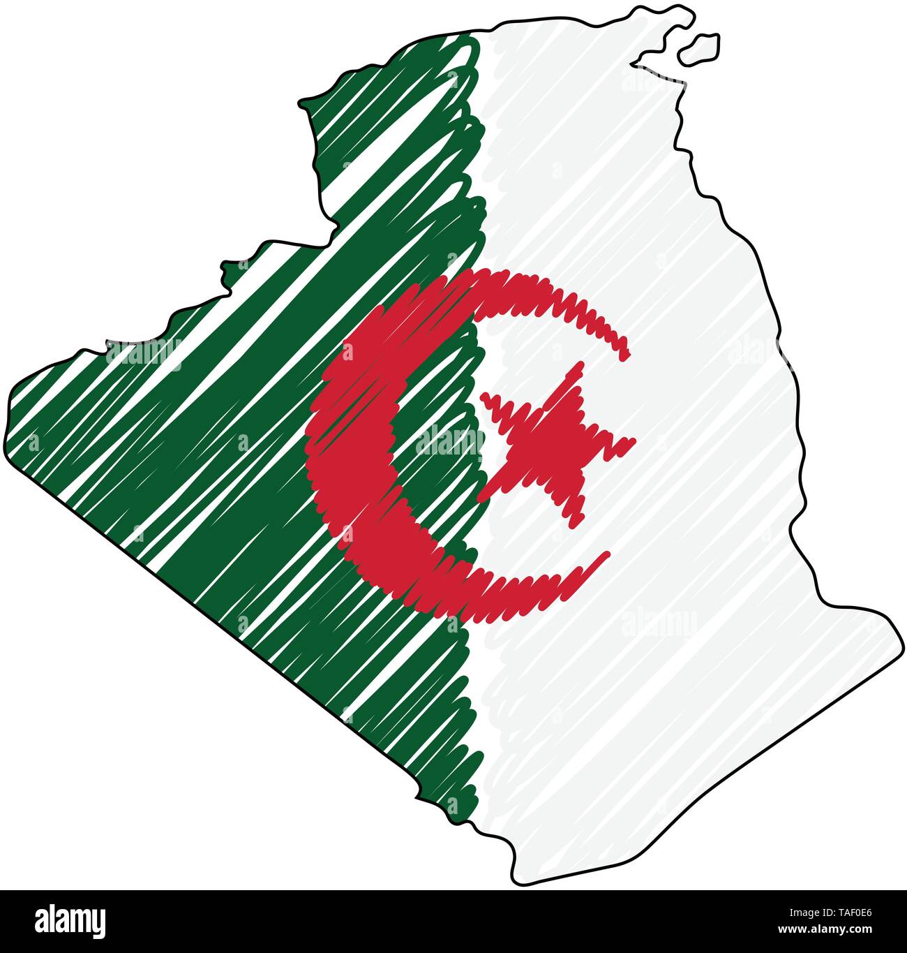 Algerien Karte Hand gezeichnete Skizze. Vektor Konzeption Illustration flag, Kinder Zeichnen, Kritzeln Karte. Land Karte für Infografik, Broschüren und Stock Vektor