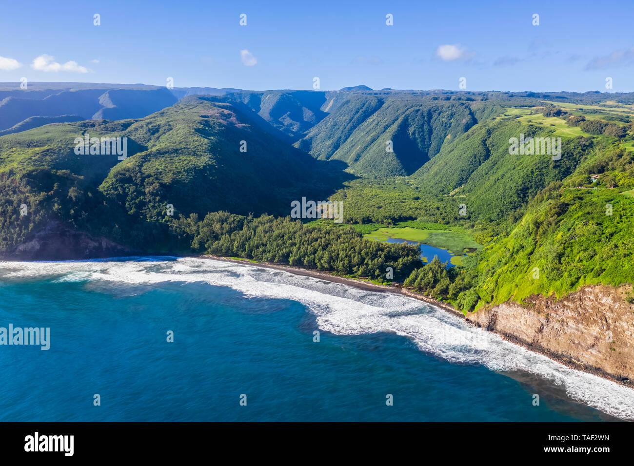 USA, Hawaii, Big Island, Pazifischer Ozean, Pololu Valley Lookout, Pololu Tal und Schwarzen Strand, Luftaufnahme Stockfoto