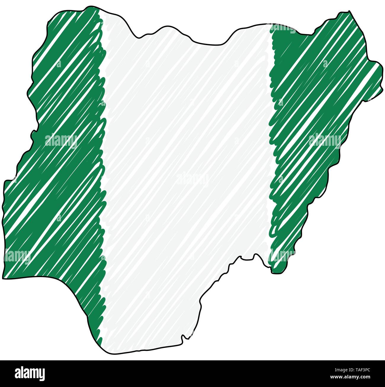 Nigeria Karte Hand gezeichnete Skizze. Vektor Konzeption Illustration flag, Kinder Zeichnen, Kritzeln Karte. Land Karte für Infografik, Broschüren und Stock Vektor