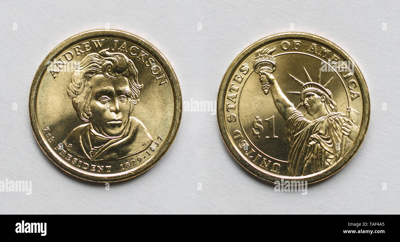 Andrew Jackson 1 Dollar Münze, Vorder- und Rückseite. Stockfoto
