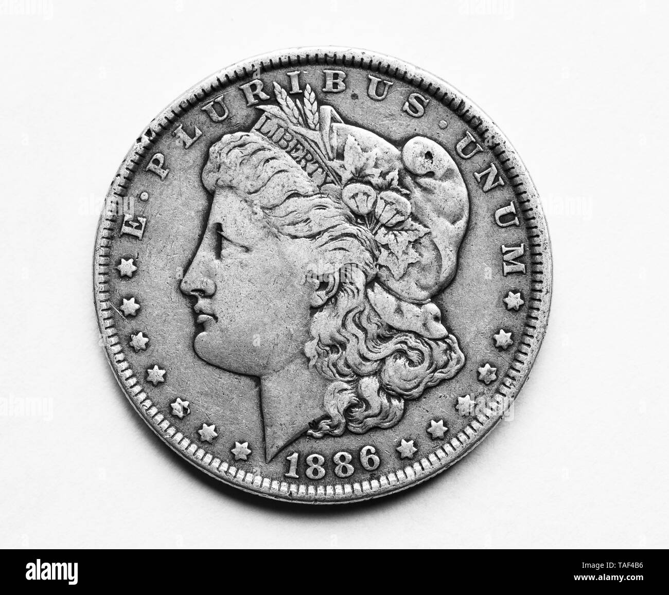 1886 uns Morgan Silver Dollar Stockfoto