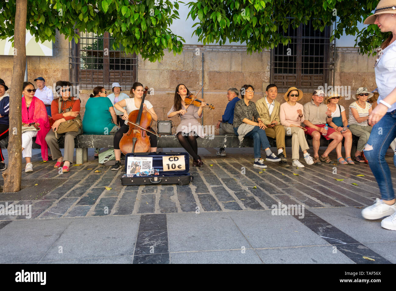 Cello und Violine Spieler unterhaltsam Touristen außerhalb der Kathedrale in Cordoba, Andalusien, Spanien Stockfoto