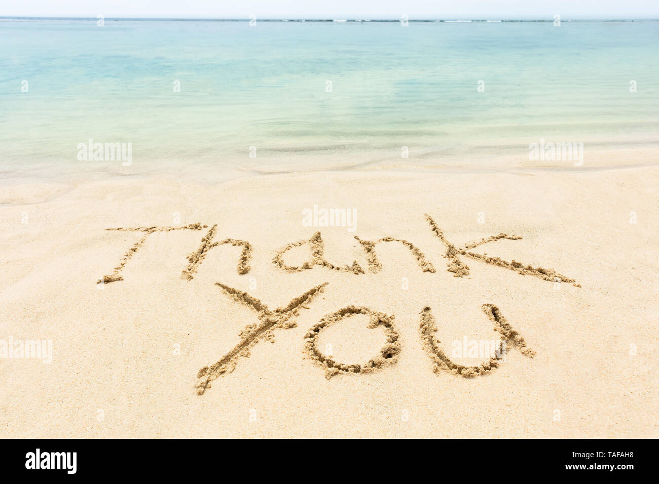 Vielen Dank, dass Sie Word auf dem Sand in der Nähe der Küste mit idyllischen Strand geschrieben Stockfoto