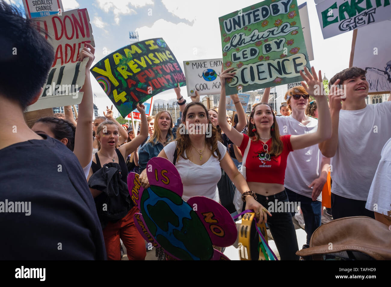 London, Großbritannien. 24. Mai 2019. Studenten Tanz im Parlament Platz nach dem Protest in London, eine der über 100 Standorte in Großbritannien in das globale Klima Streik gegen den Mangel an Maßnahmen der Regierungen weltweit, die Klimakrise zu bekämpfen. Sie tanzten in Parliament Square nach Protest an der Abteilung für Bildung, anspruchsvollen Lehrplans ändern über das Klima zu lehren und gehen auf toprotest in Downing Street, Traflagar Square und das BEIS. Peter Marshall / alamy Leben Nachrichten Stockfoto