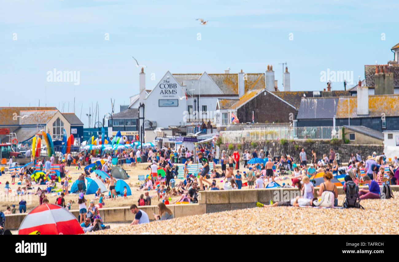 Lyme Regis, Dorset, Großbritannien. 25. Mai 2019. UK Wetter: Massen von Touristen und Besucher in Scharen zu den Strand in Lyme Regis in der heißen Sonne aalen als Küstenstadt am heißesten Tag des Jahres so weit brutzelt. Samstag ist der sonnigste Tag des späten May Bank Holiday Wochenende zu sein. Credit: Celia McMahon/Alamy Leben Nachrichten. Credit: Celia McMahon/Alamy leben Nachrichten Stockfoto