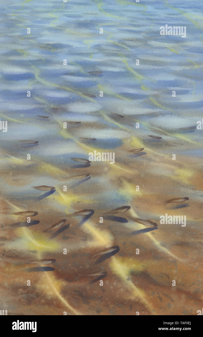 Transparente Meerwasser mit Fischen Aquarell Hintergrund. Sommer Landschaft Stockfoto