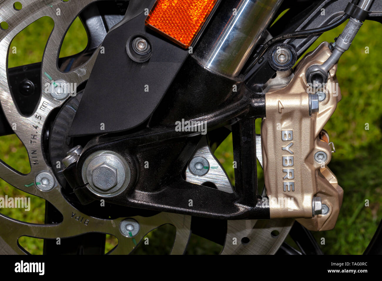 Bremsscheibe System für Motorrad Marke Bybre. Von Brembo. Foto am 22. Mai 2019 in Madrid, Spanien. Stockfoto