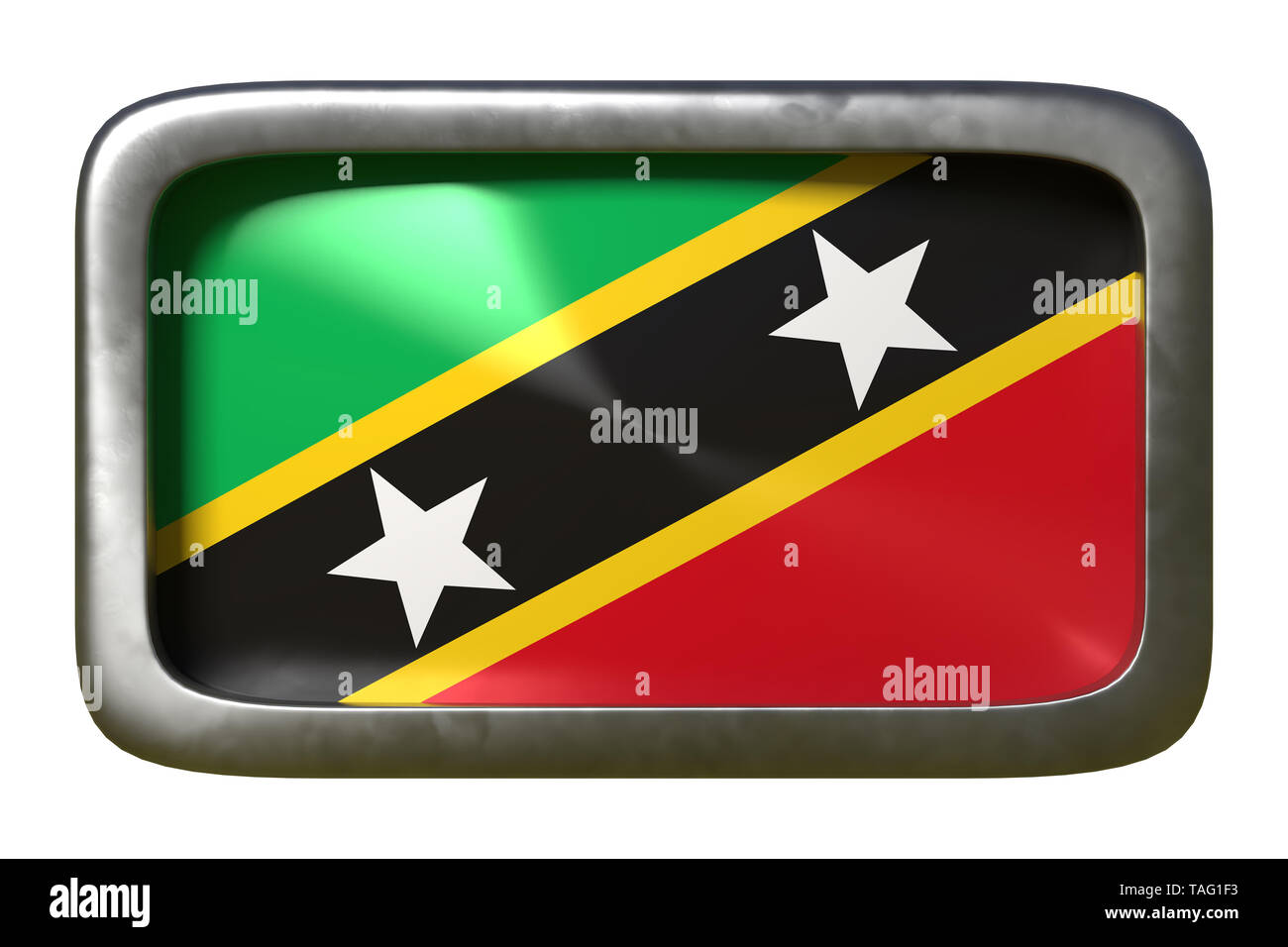 3D-Rendering für eine Saint Christopher und Nevis Flagge auf einem rostigen Zeichen auf weißem Hintergrund Stockfoto