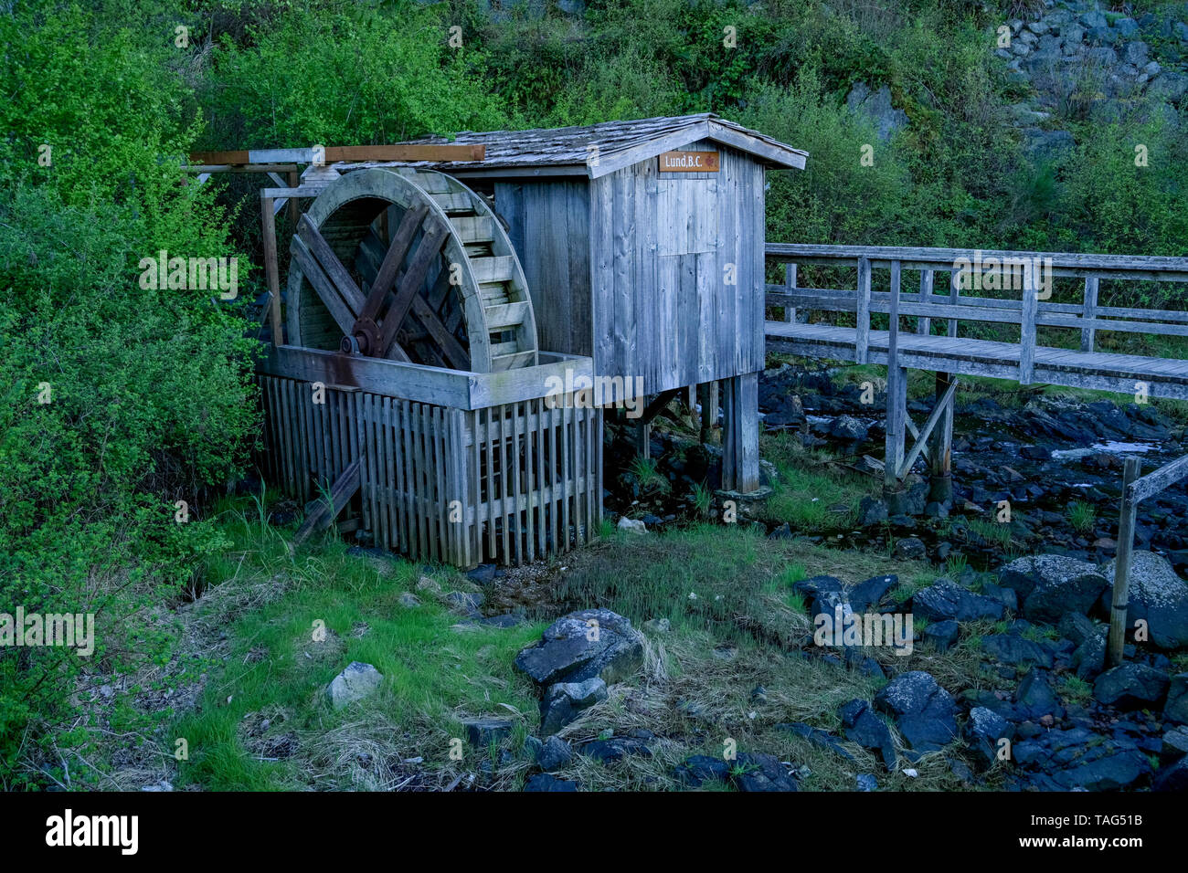 Altes Wasserrad, Lund, Sunshine Coast, British Columbia, Kanada Stockfoto