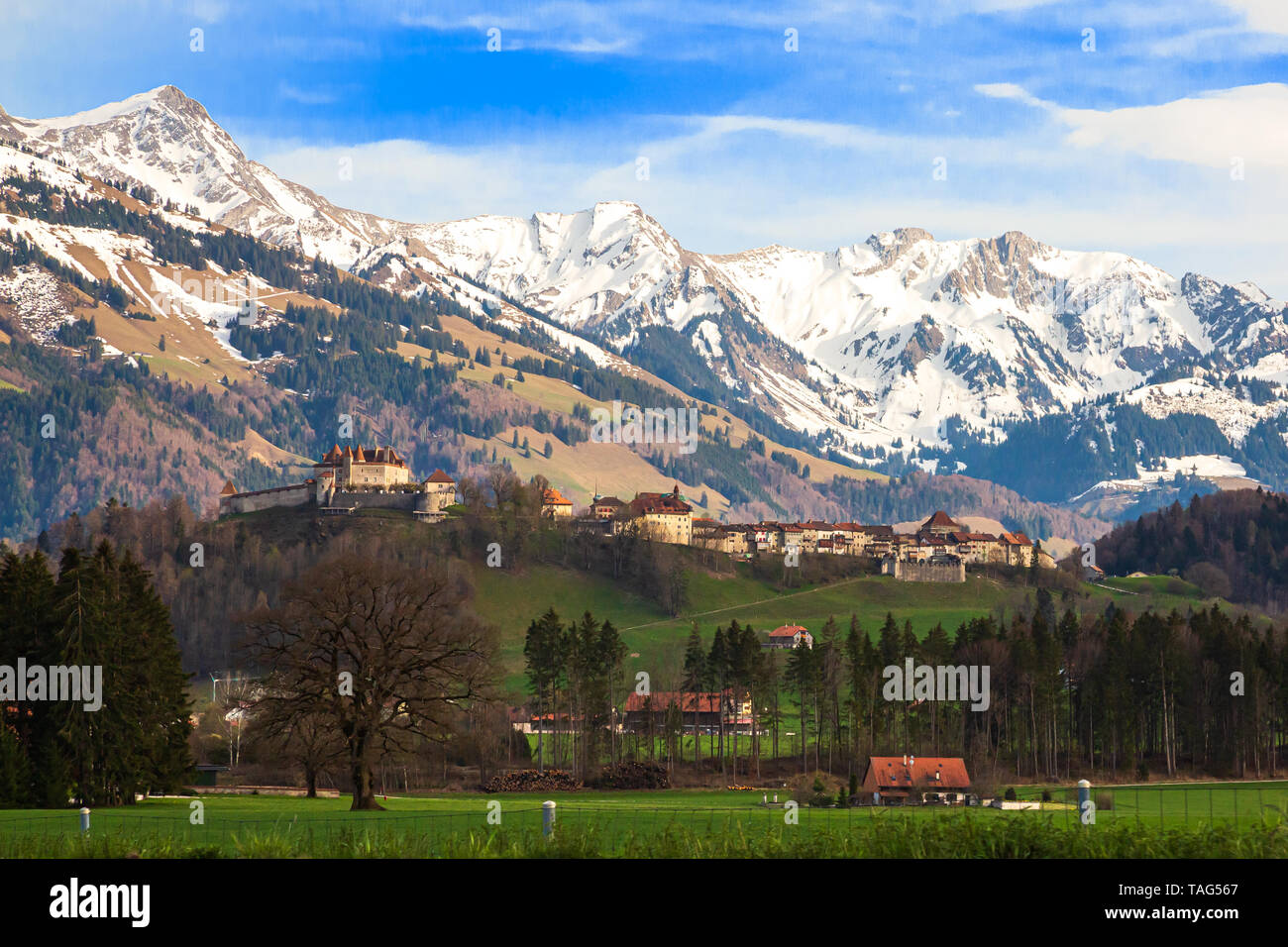 Mittelalterliche Stadt Gruyères und Schloss mit Bergen im Hintergrund, Kanton Freiburg, Schweiz Stockfoto