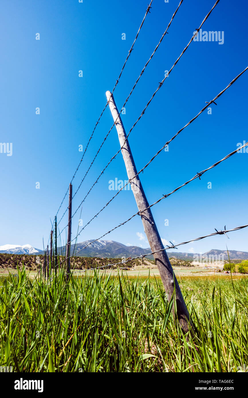 In der Nähe von Stacheldraht zaun & Holzzaun Beiträge gegen den klaren blauen Himmel; Ranch in Colorado, USA Stockfoto