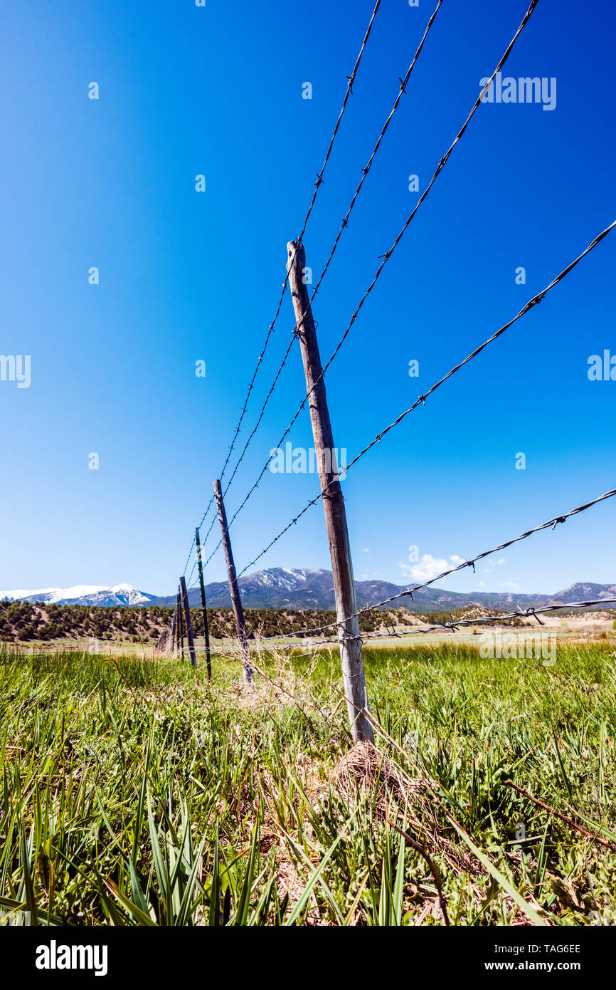 In der Nähe von Stacheldraht zaun & Holzzaun Beiträge gegen den klaren blauen Himmel; Ranch in Colorado, USA Stockfoto