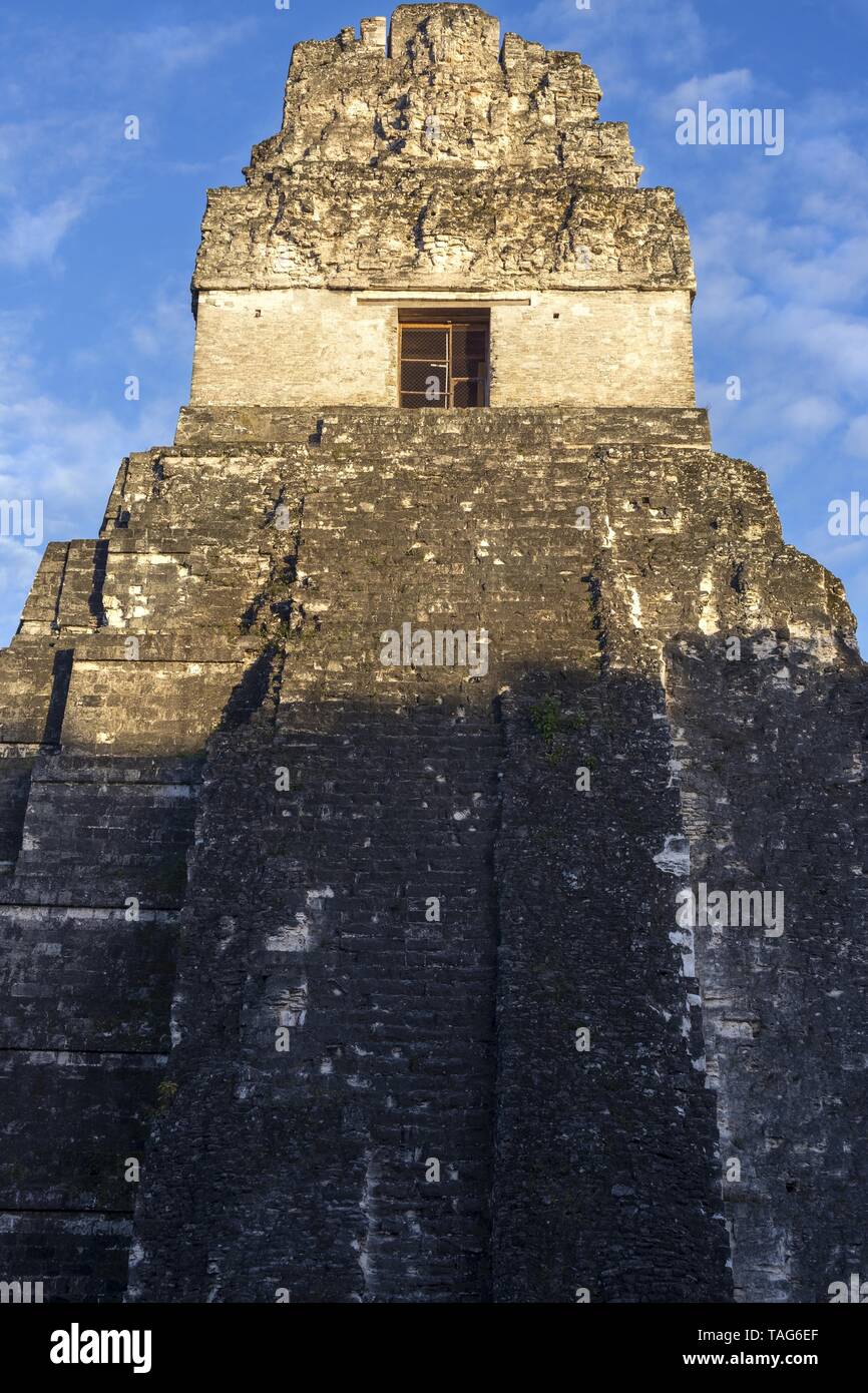 Jaguar Tempel Zitadelle alten Maya-Kultur Ruine an der Plaza Central in Weltberühmten Nationalpark Tikal in Guatemala, einem UNESCO-Weltkulturerbe Stockfoto
