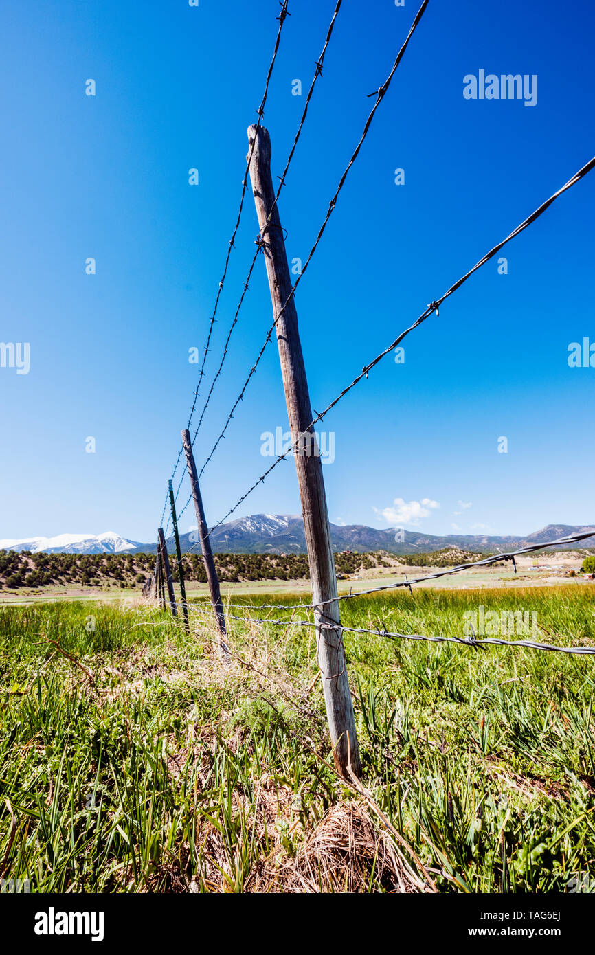 In der Nähe von Stacheldraht zaun & Holzzaun Beiträge gegen den klaren blauen Himmel; Ranch in Colorado, USA Stockfoto
