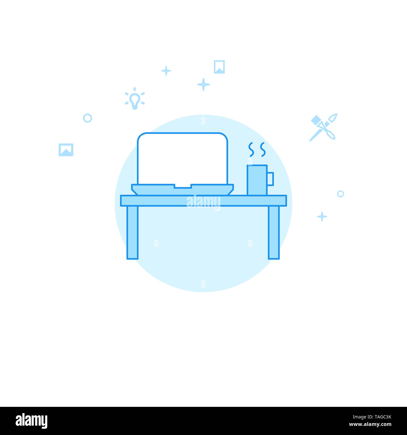 Arbeitsplatz, Laptop und Kaffee Flachbild-Symbol. Design und Kreativität Abbildung. Licht Flat Style. Blue Monochrome Design. Stockfoto