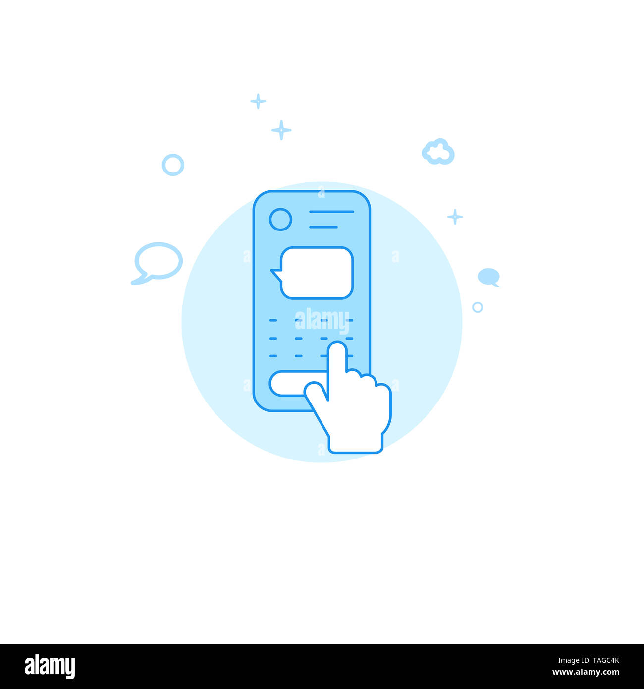 Finger Eingeben einer SMS-Nachricht auf dem Smartphone Flachbild-Symbol. Dialog und Kommunikation Abbildung. Licht Flat Style. Blue Monochrome Design. Stockfoto
