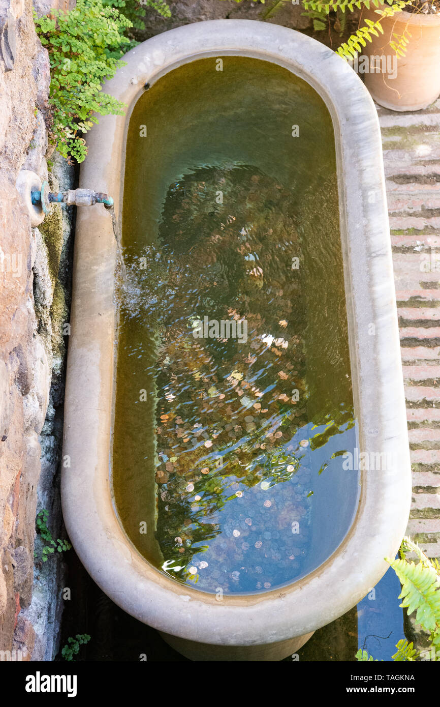 Münzen unter Wasser in einem alten steinernen Badewanne als wunschbrunnen an der alten Festung Alcazaba, Malaga, Andalusien, Spanien Stockfoto