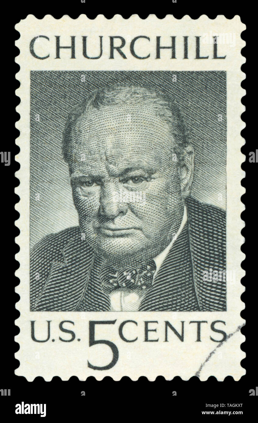 Vereinigte STAATEN VON AMERIKA - ca. 1965: einen gebrauchten Briefmarke in den Vereinigten Staaten gedruckt zeigt ein Porträt der britischen Premierminister Sir Winston Kirche Stockfoto