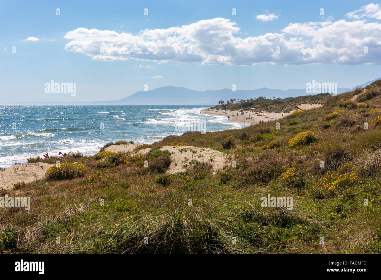 Erhaltenen natürlichen Küstenregion am Playa Artola, Cabopino, Costa del Sol, Spanien Stockfoto