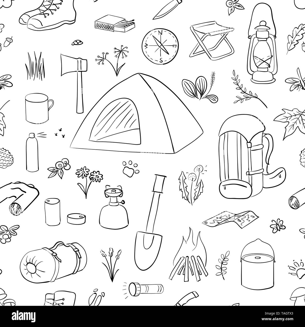 Camping Wandern Symbole Skizze eingestellt. Camping Ausrüstung nahtlose Vektor Muster. Inkl pen, Fernglas, Schüssel, Grill, Laternen, Schuhe, Rucksack, Zelt, campf Stock Vektor