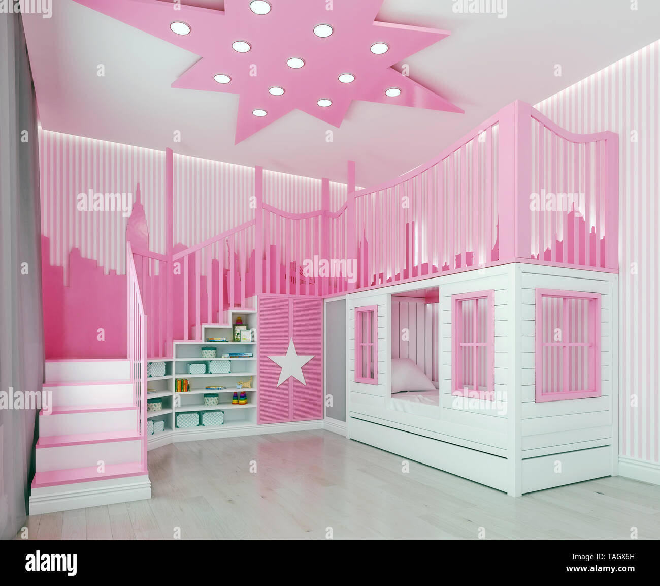 Modernes Interieur Kinder Schlafzimmer, Rosa, Mädchen Zimmer, Spielzimmer,  mit Doppelbetten und Treppen wie Schloss mit city Dekoration auf gestreifte  Wände, 3d-rend Stockfotografie - Alamy