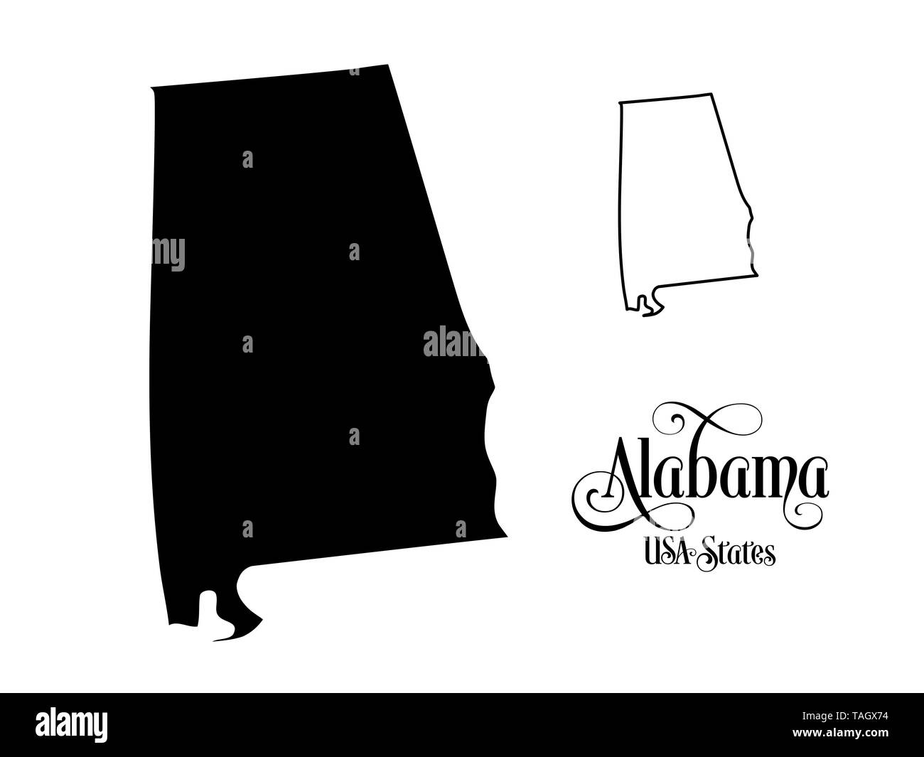 Karte der Vereinigten Staaten von Amerika (USA) Zustand von Alabama - Abbildung auf weißem Hintergrund. Stockfoto