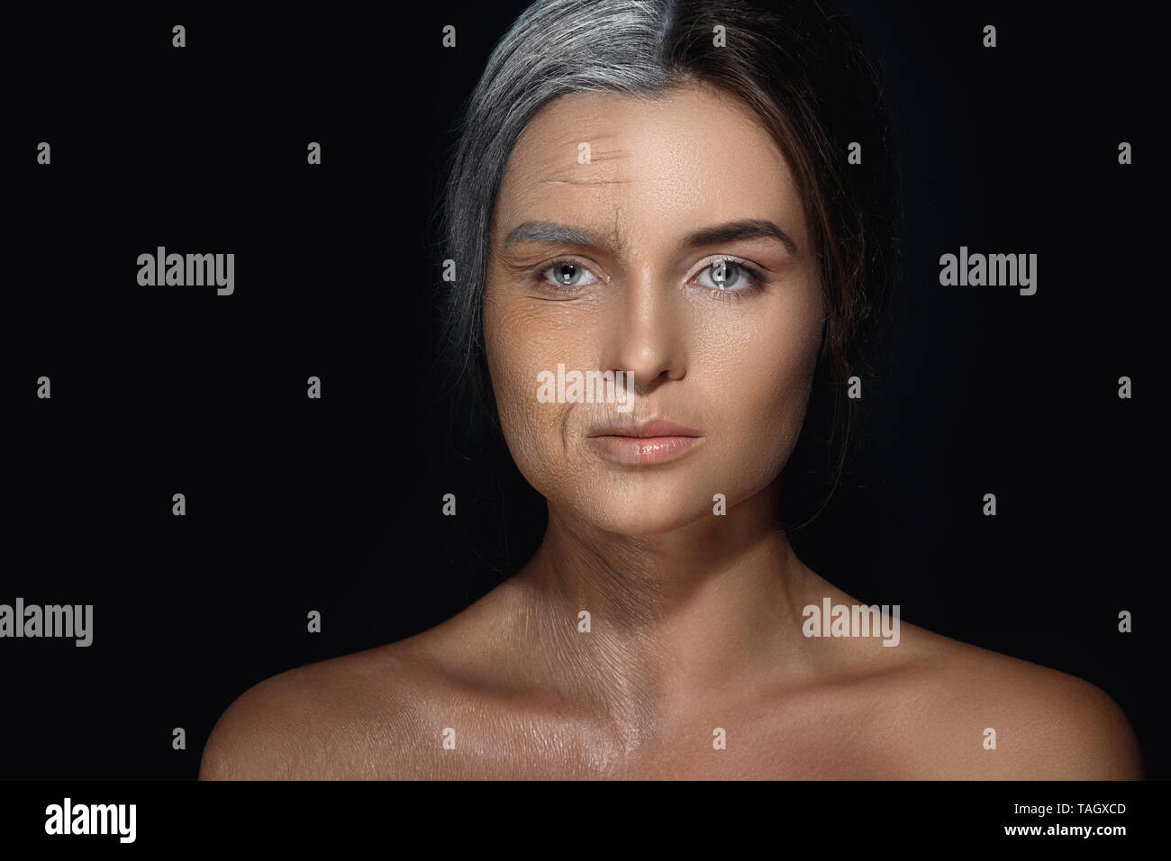 Aging Konzept. Vergleich von Jung und Alt. Wahre Resultat mit der Arbeit der professionellen Make-up Artist erreicht. Nicht CGI. Stockfoto