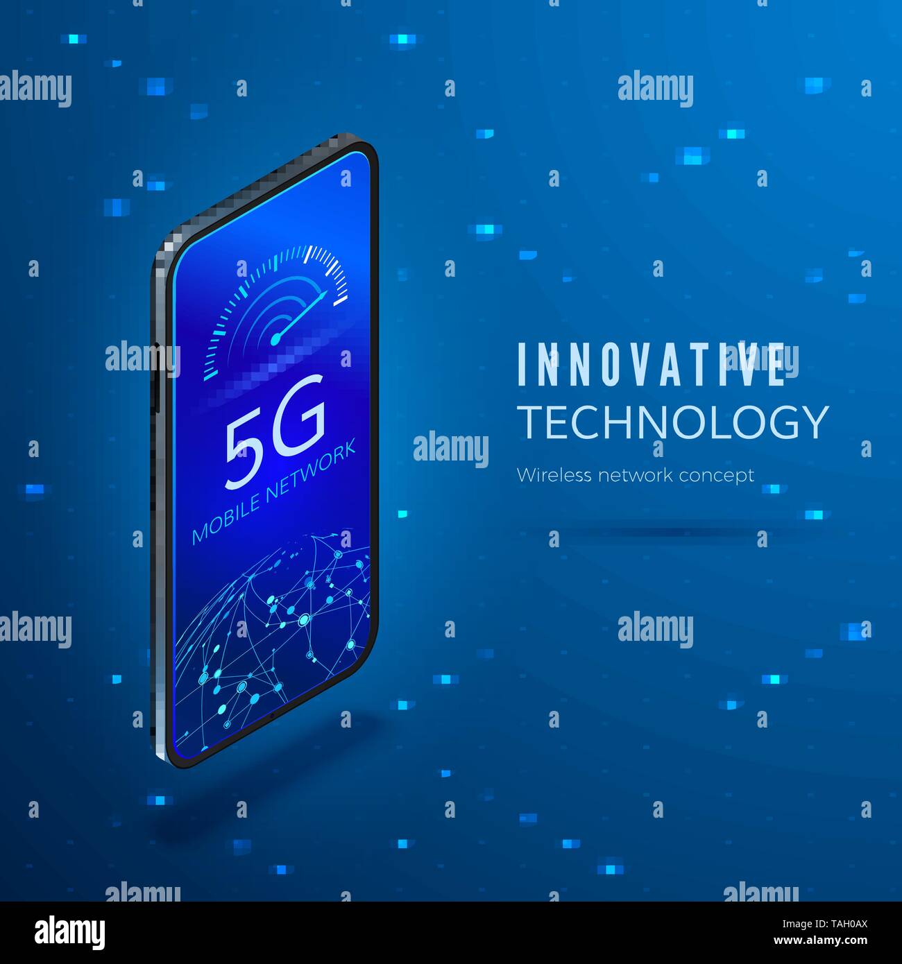 5G-Konzept. Fünfte Generation Mobilfunknetz isometrische Banner. Mit den Pfeiltasten bewegen auf maximale Datenübertragungsrate Skala Smartphone. Vektor krank Stock Vektor